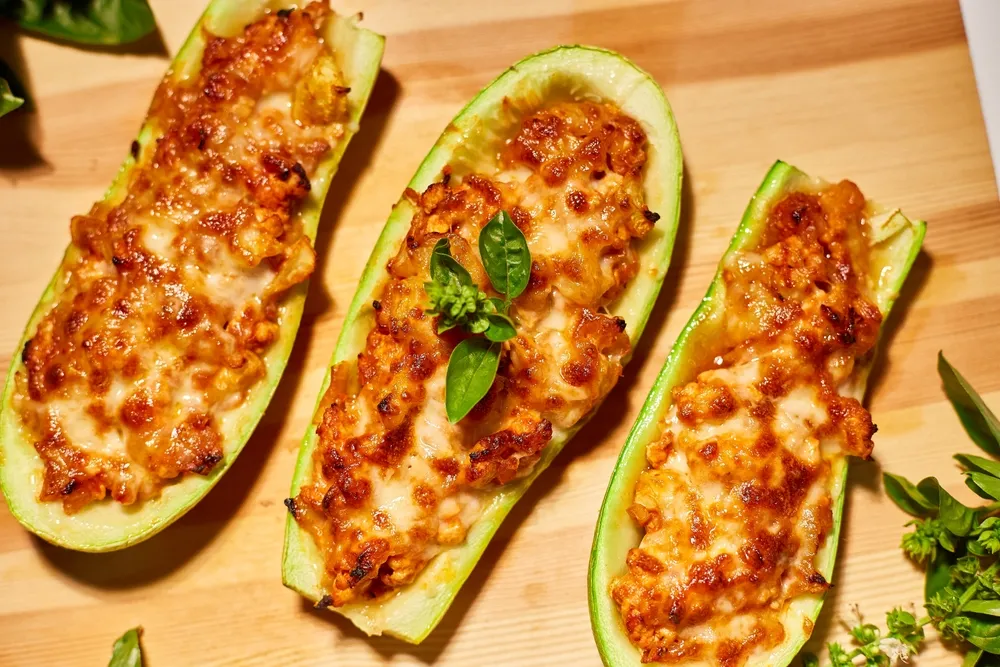 Stuffed,Zucchini,On,White,Background,,Baked,Loaded,Zucchini,Boats,,Top