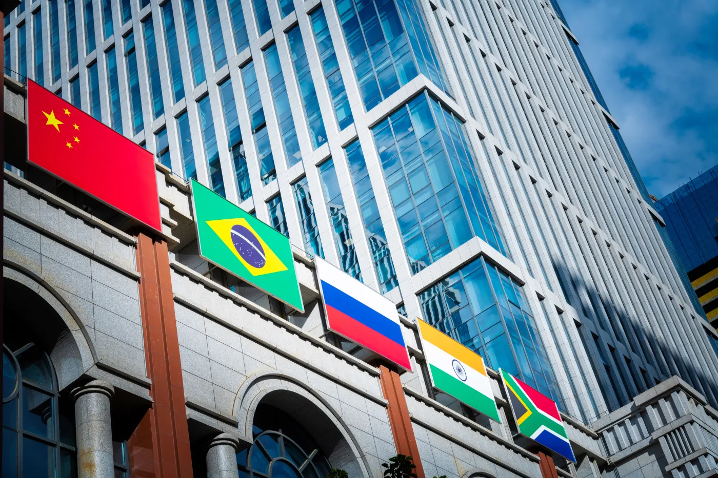 Brics,Flags,On,The,Office,Building,Wall