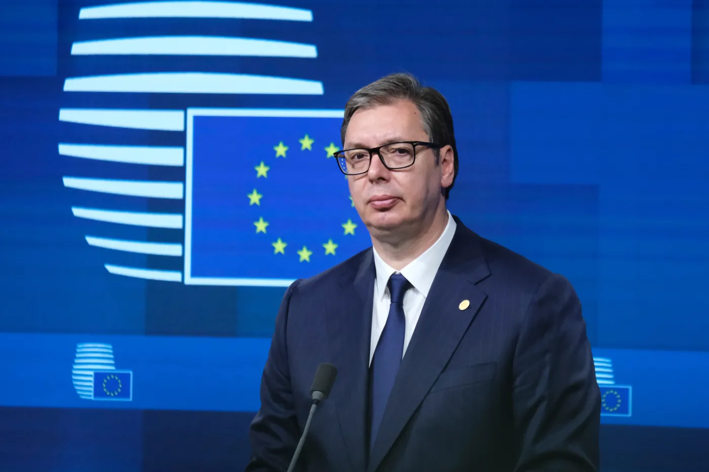 Serbian,President,Aleksandar,Vucic,During,A,Press,Conference,In,Brussels,