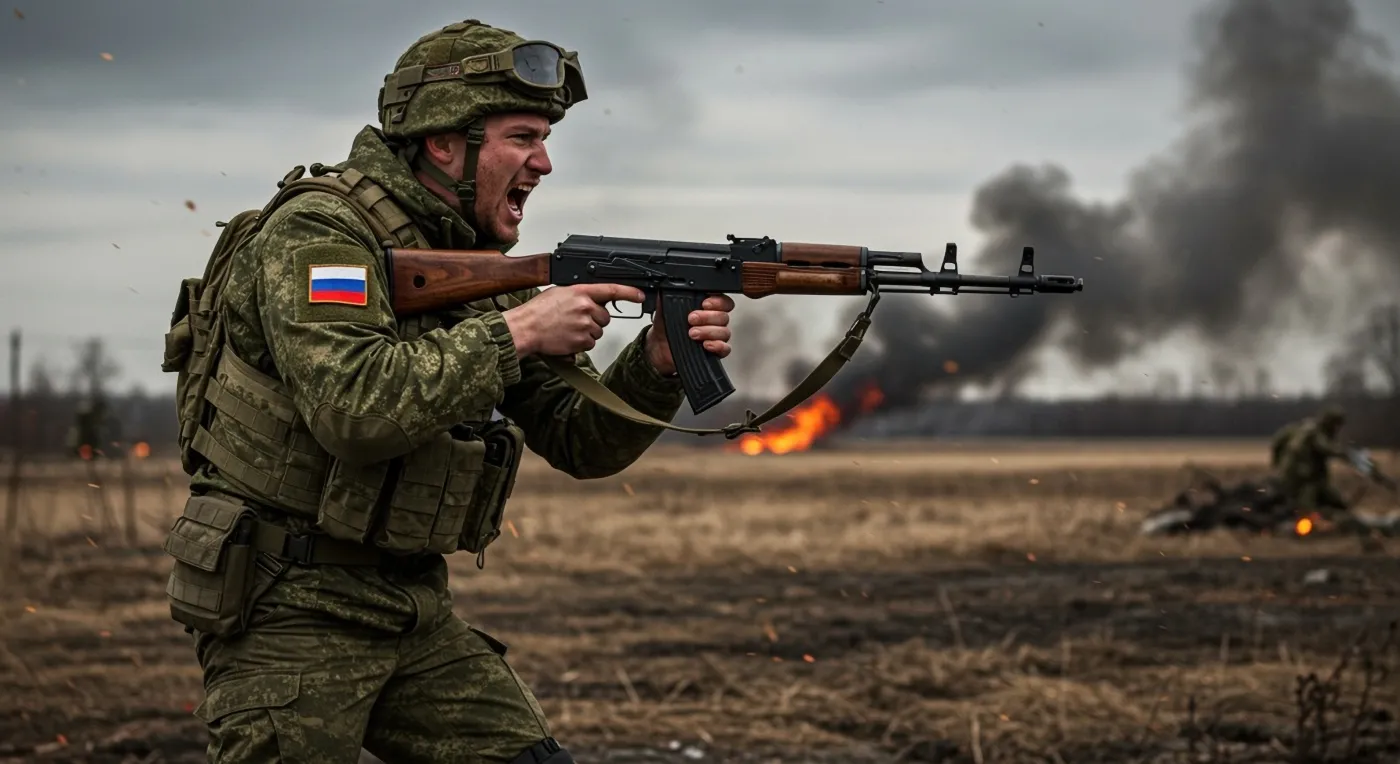 Russian,Modern,Soldier,Angry,Shoots,From,Kalashnikov,Assault,Rifle,,Runs
