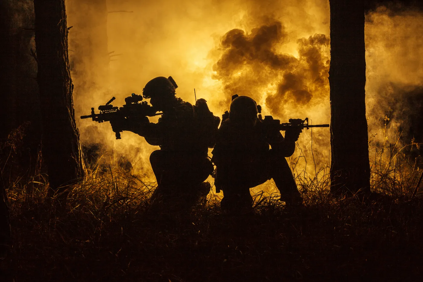 Backlit,Silhouette,Of,Special,Forces,Marine,Operators,In,Forest,On