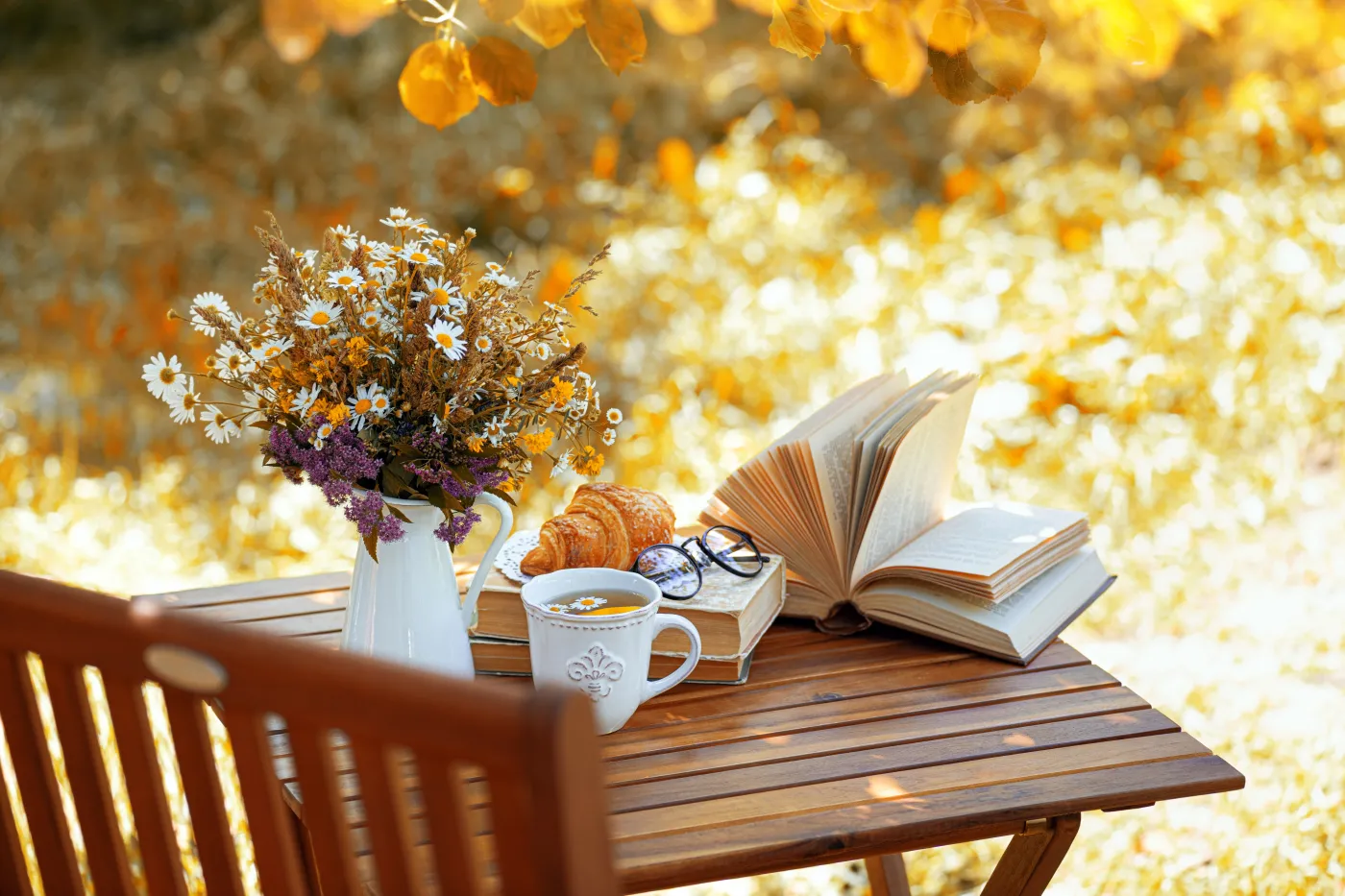 Bouquet,Of,Flowers,,Croissant,,Cup,Of,Tea,Or,Coffee,,Books