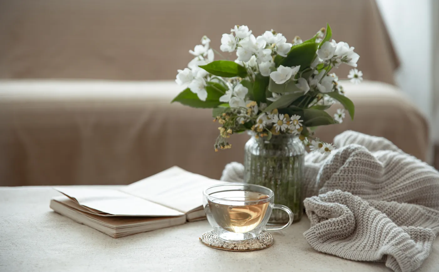 Still,Life,With,A,Cup,Of,Herbal,Tea,,A,Bouquet