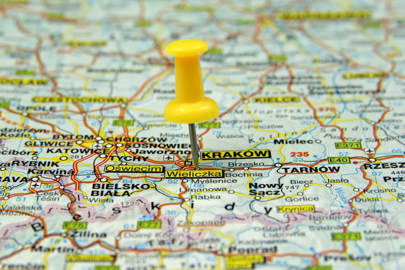 Push,Pin,Pointing,At,Wieliczka,Near,Krakow,In,Poland.,The