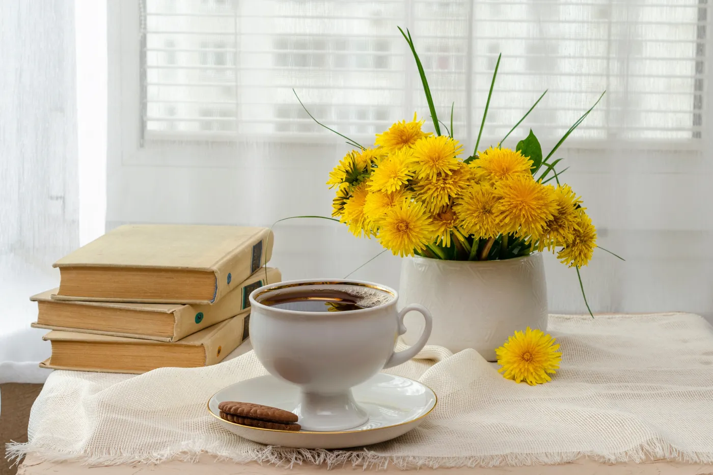 Still,Life,,Bouquet,Of,Yellow,Wild,Flowers,,Tea,With,Sweets,