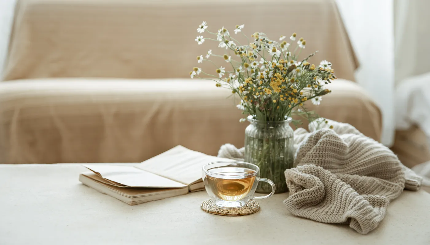 Still,Life,With,A,Cup,Of,Herbal,Tea,,A,Bouquet