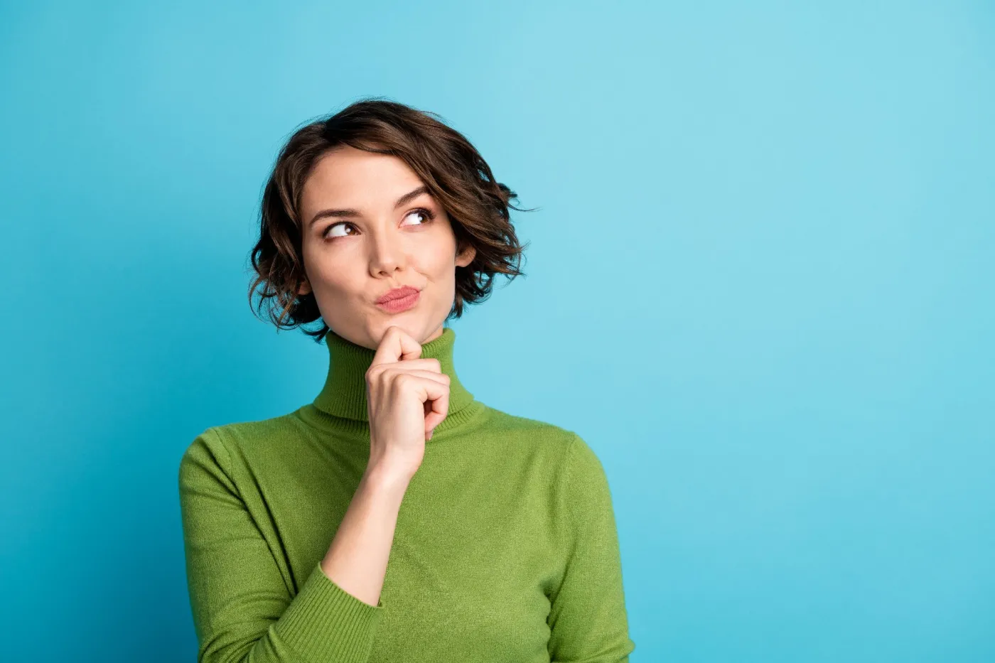 Portrait,Of,Minded,Interested,Girl,Touch,Finger,Chin,Look,Copyspace