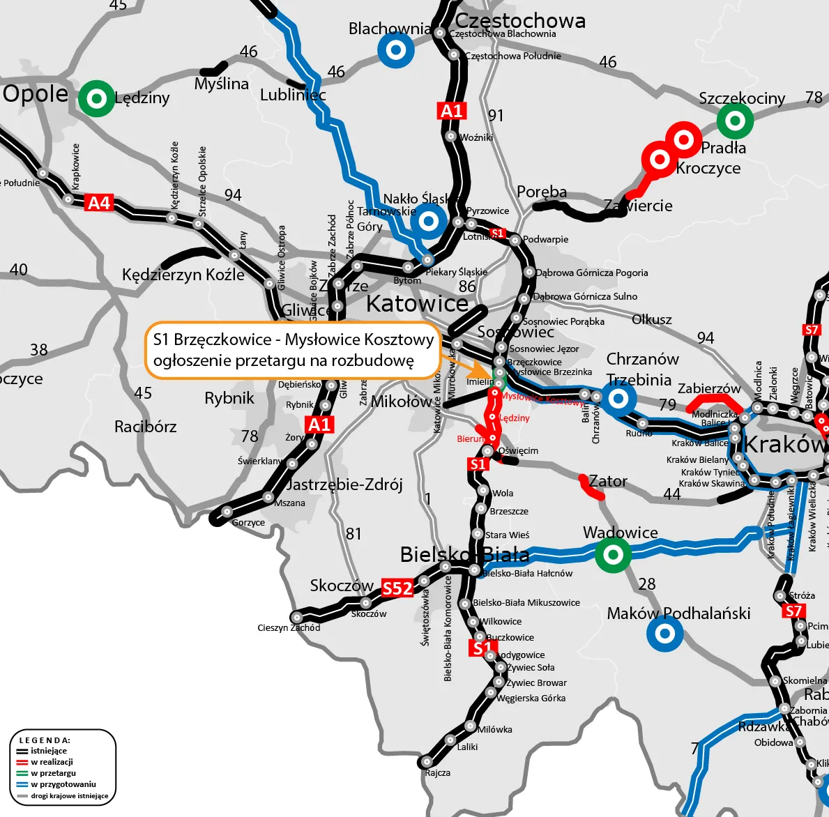 Mapka S1 Mysłowice - Lędziny