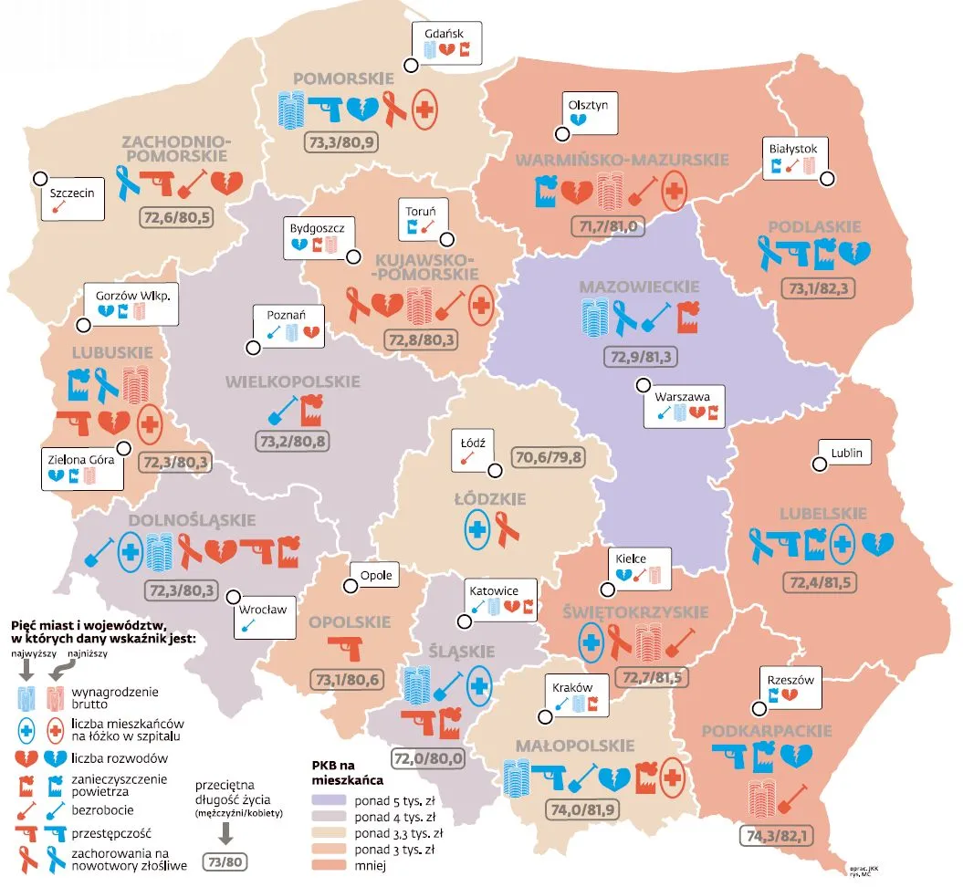 Mapa jakości życia w Polsce: bogata Polska A, szczęśliwa Polska B