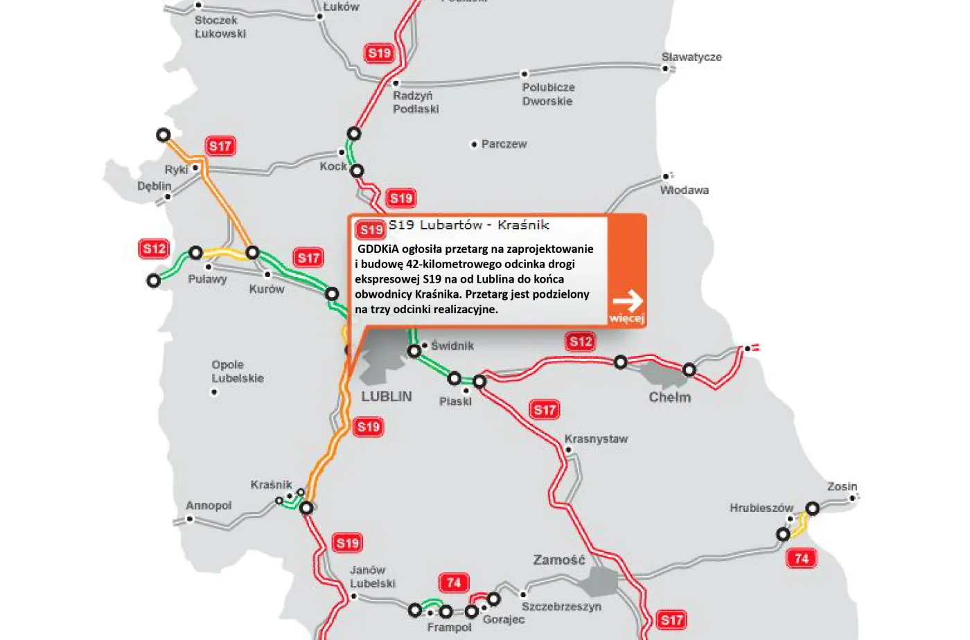 GDDKiA ogłosiła przetarg 42-km odcinek trasy S19 Lublin-Kraśnik [MAPA]