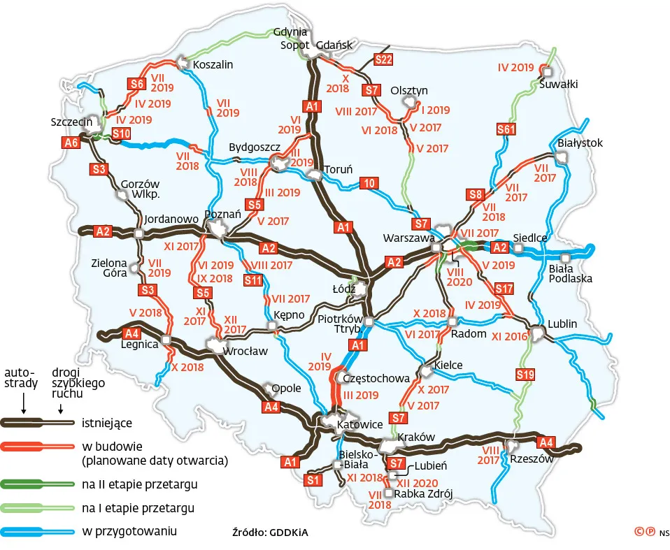 GDDKiA - MAPA aktualna z datami zakończenia prac 