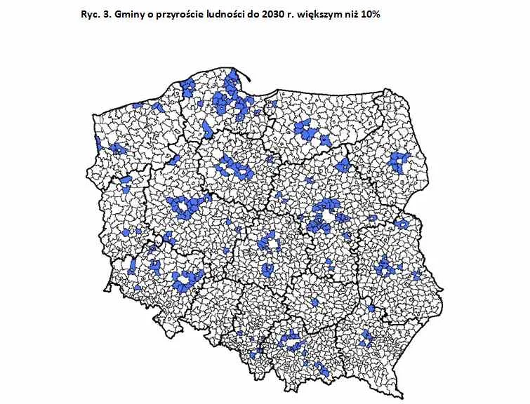 Gminy o przyroście ludności do 2030 r. większym niż 10%