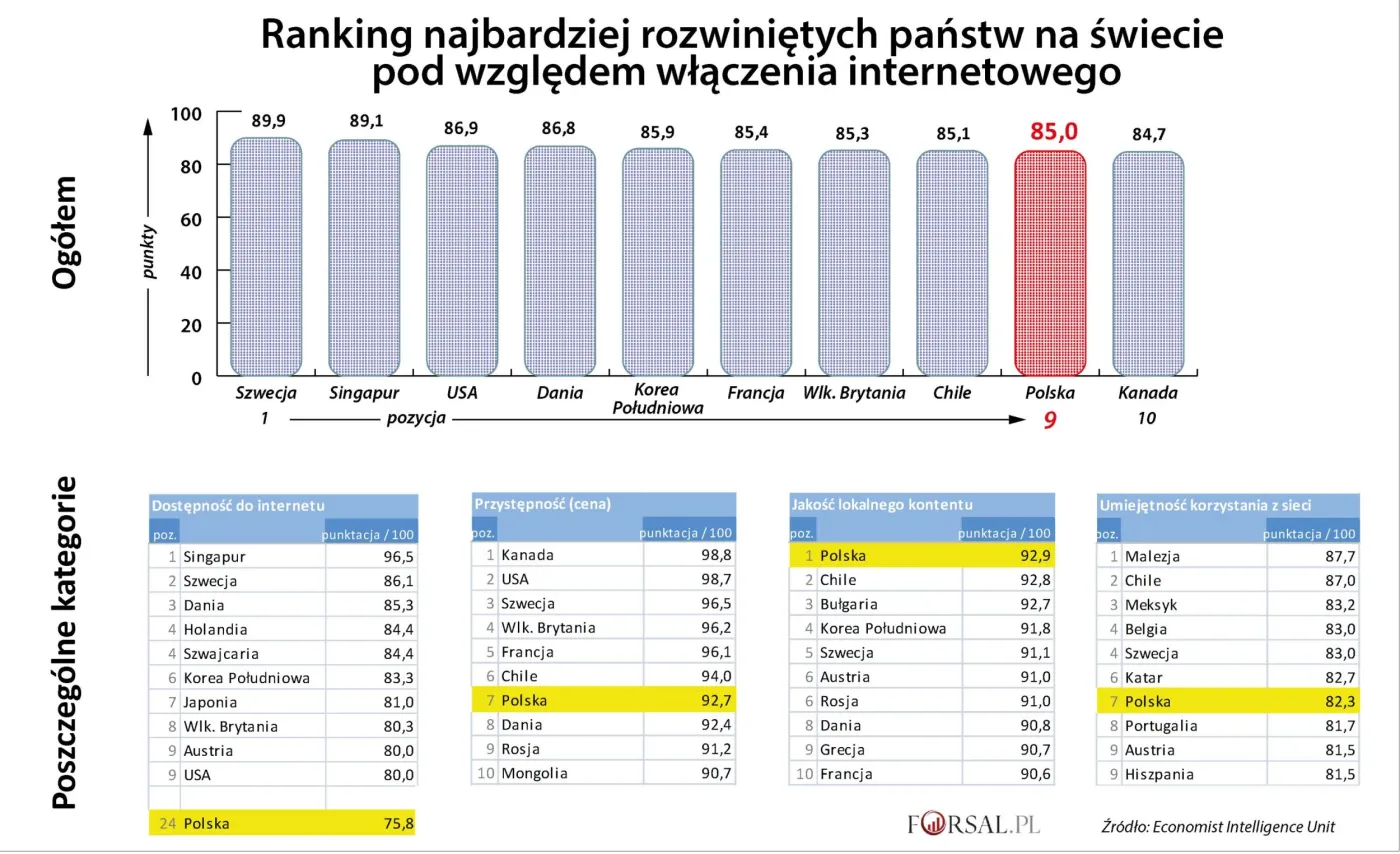 Ranking "włączenia internetowego". Polska w światowej czołówce