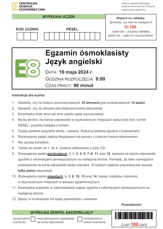 Egzamin ósmoklasisty, Arkusz egzaminacyjny CKE z języka angielskiego