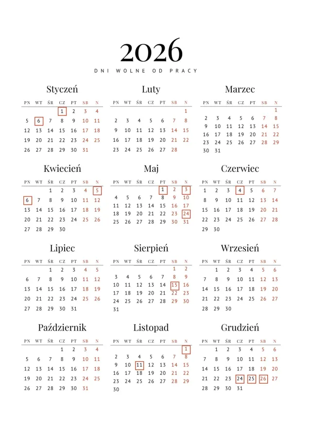 Dni wolne od pracy 2026. Pełna lista świąt i kalendarz
