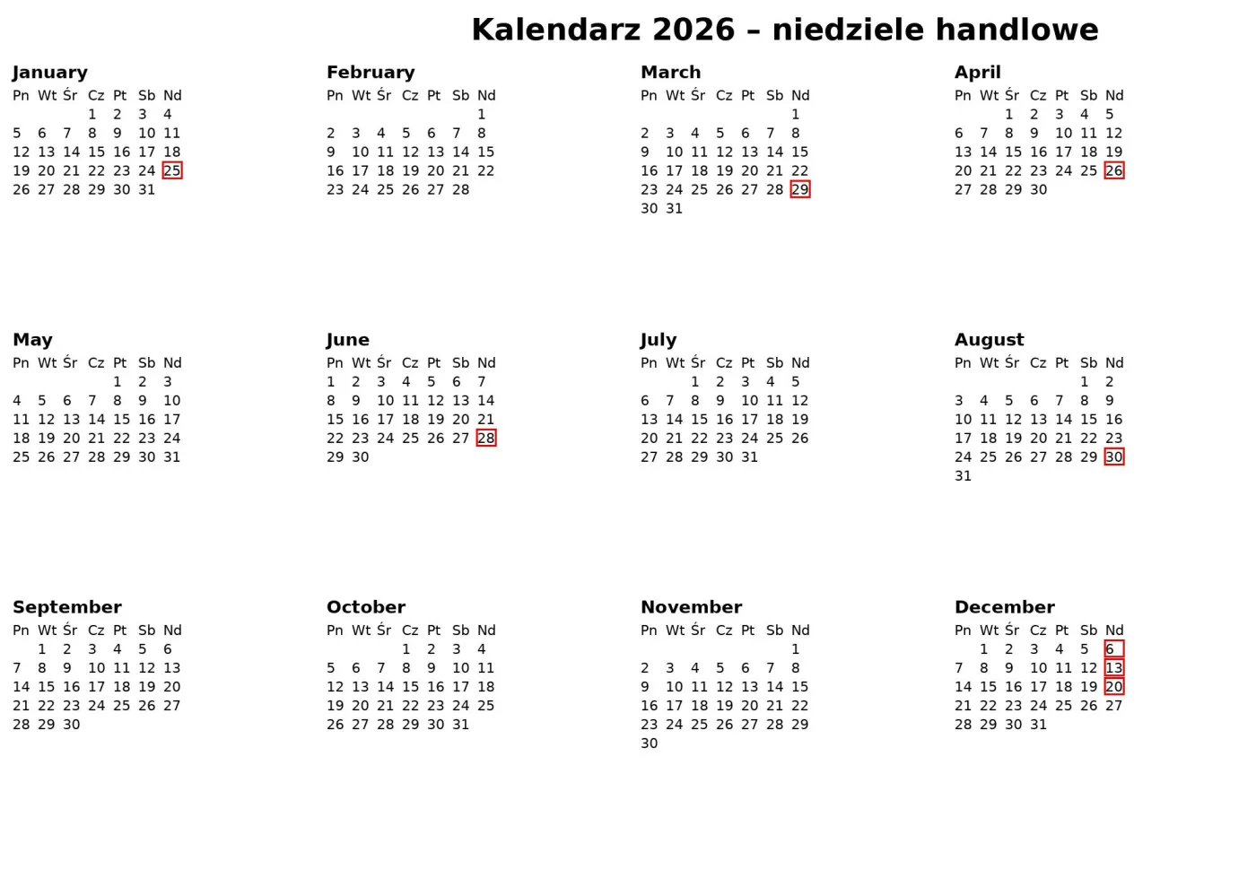 Kalendarz niedziel handlowych