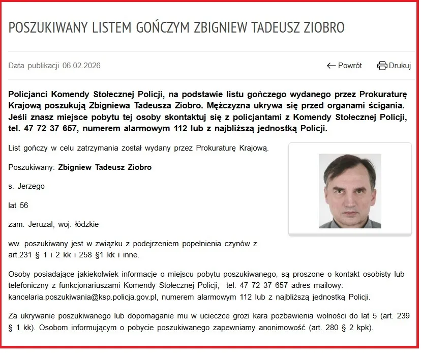 List gończy za Zbigniewem Ziobro