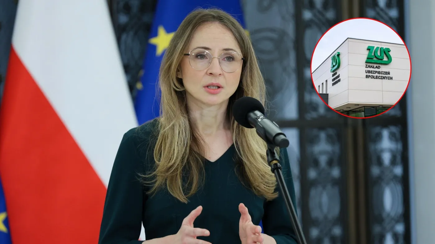 Agnieszka Dziemianowicz-Bąk, w tle logo ZUS
