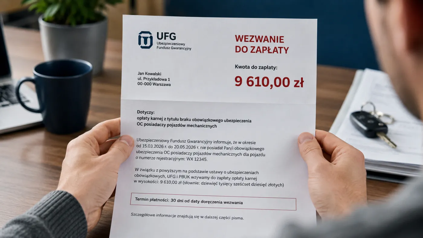 Kierowca siedzi przy biurku i czyta oficjalne wezwanie do zapłaty za brak obowiązkowego ubezpieczenia OC. Na dokumencie widnieje wysoka kwota kary, a obok leżą kluczyki do samochodu i dokumenty pojazdu.