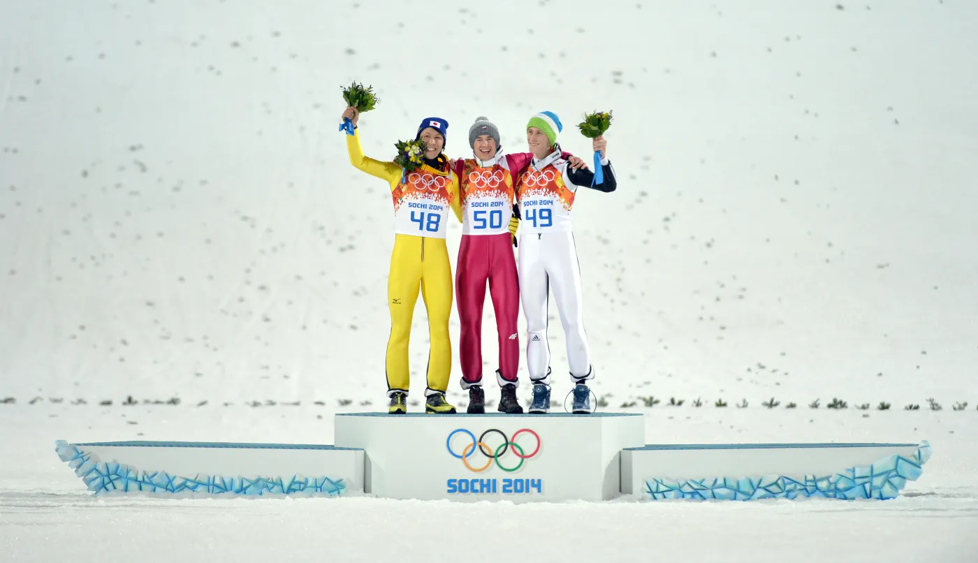 Kamil Stoch, Noriaki Kasai i Peter Prevc na podium