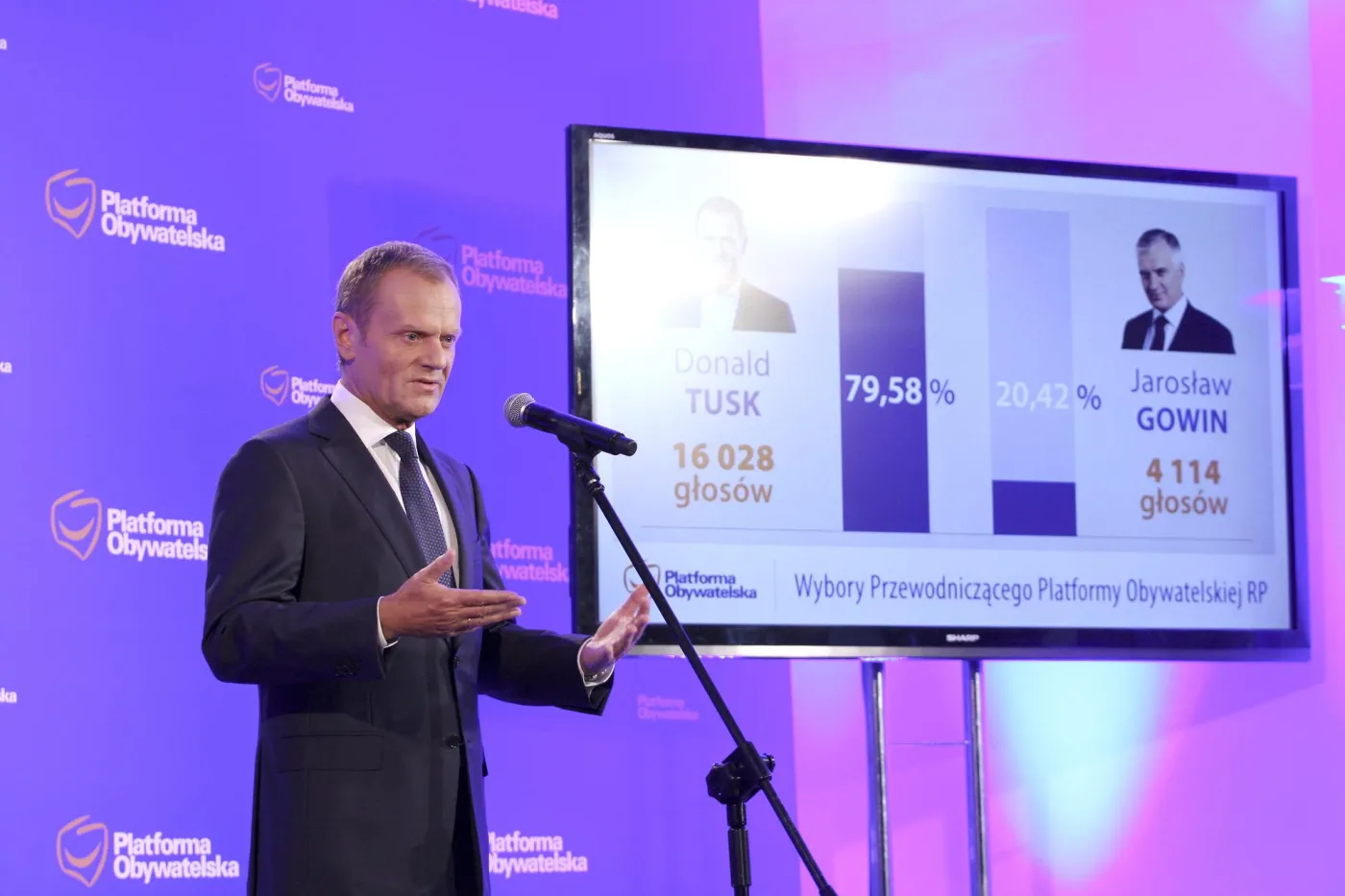 Donald Tusk po ogłoszeniu wyników wyborów na przewodniczącego Platformy Obywatelskiej. 
