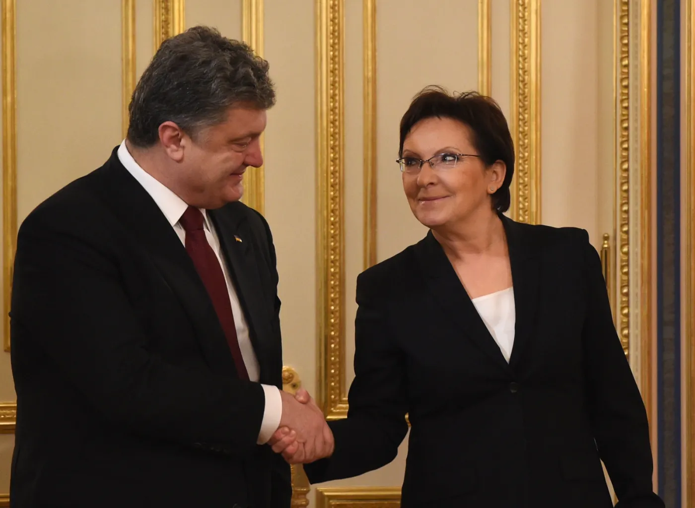 Premier Ewa Kopacz (P) i prezydent Ukrainy Petro Poroszenko (L) podczas spotkania, 19 bm. w Kijowie, PAP/Radek Pietruszka 