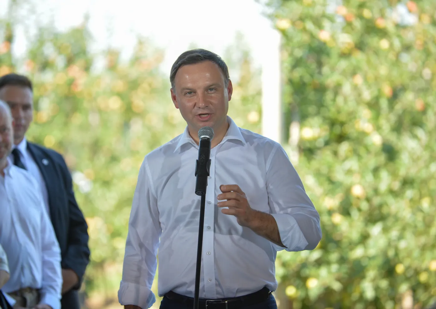 Prezydent Andrzej Duda podczas spotkania z sadownikami,  PAP/Marcin Obara