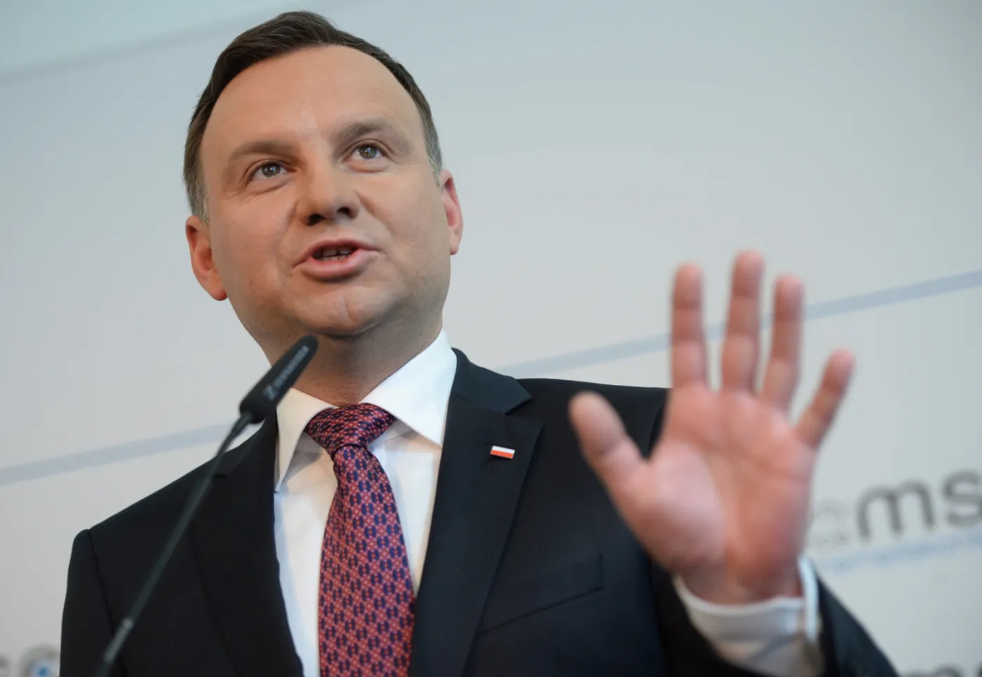 Prezydent Andrzej Duda podczas konferencji prasowej w Monachium. 
