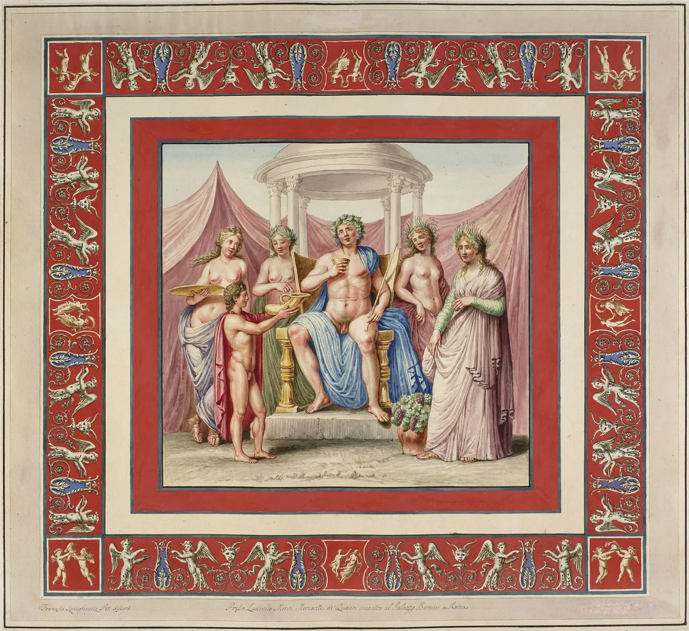 Franciszek Smuglewicz, Vincenzo Brenna, Marco Carloni, Triumf Bachusa, akwarela i gwasz na zarysie akwafortowym, 1776