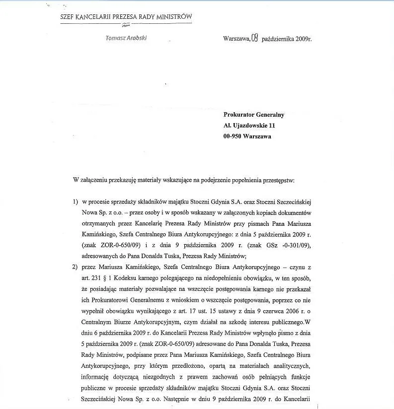 Kancelaria Premiera donosi do prokuratury o możliwym przestępstwie szefa CBA
