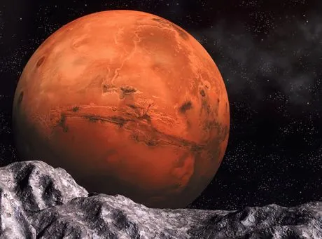 01 Jan 2000 --- NASA image of the planet Mars, featuring Valles Marineris, with a computer generated image of the surface of a moon in the foreground. --- Image by  Denis ScottCORBIS