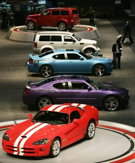 Dodges new Viper model is shown in front of other Dodge products 07 February, 2007 at the Chicago Auto Show media days at McCormick Place in Chicago, Illinois.  AFP PHOTOJEFF HAYNES