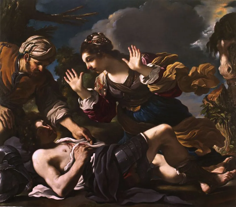 Guercino, 1591–1666, Erminia odnajduje rannego Tankreda, 1619 Olej, płótno, 155,4 × 178 cm, Kolekcja prywatna