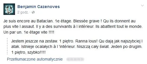 Wpis mężczyzny, który znalazł się wśród zakładników w klubie Bataclan