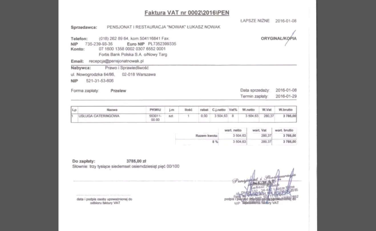 Faktura za koszty związane ze spotkaniem Jarosława Kaczyńskiego z Viktorem Orbanem (źródło: siecobywatelska.pl)