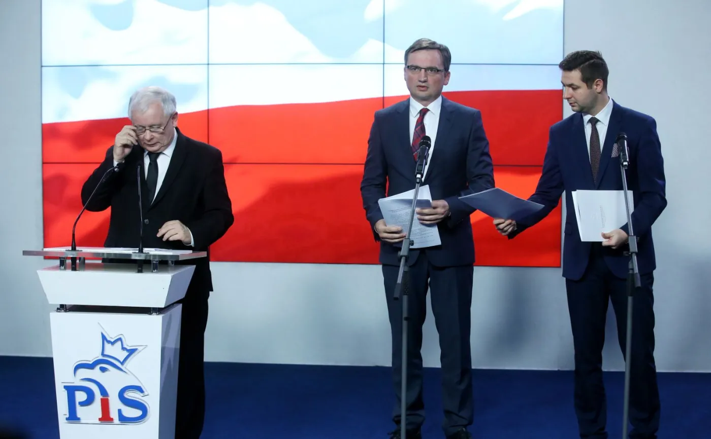 Prezes PiS Jarosław Kaczyński, minister sprawiedliwości i prokurator generalny Zbigniew Ziobro oraz wiceminister sprawiedliwości Patryk Jaki
