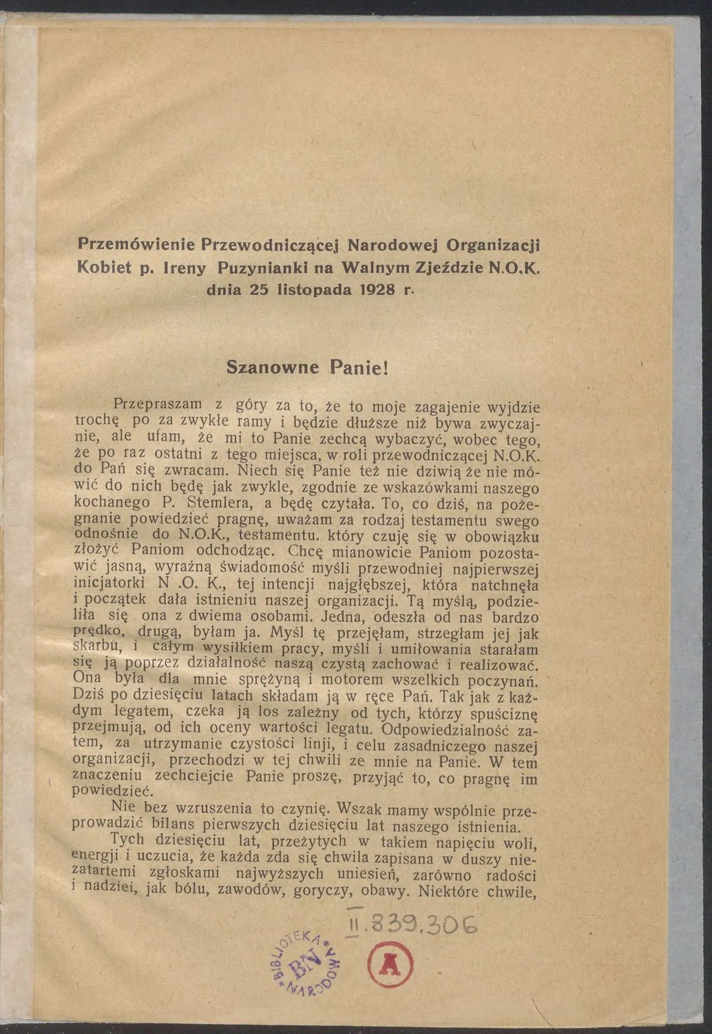 Przemówienie Przewodniczącej Narodowej Organizacji Kobiet Ireny Puzynianki na Walnym Zjeżdzie N.O.K. dnia 25 listopada 1928 r. 
