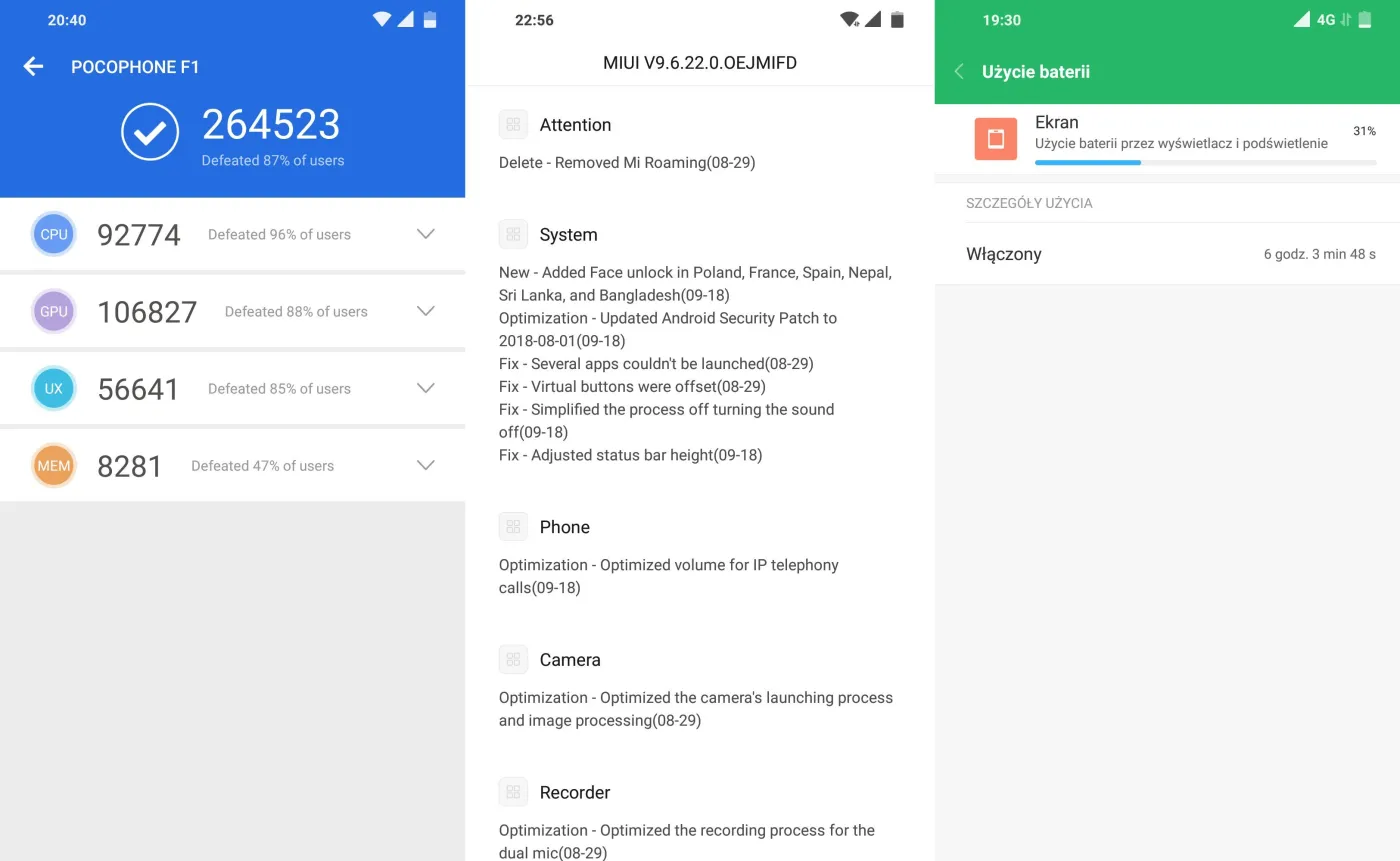 AnTuTu Benchmark, Face Unlock, czas pracy na baterii