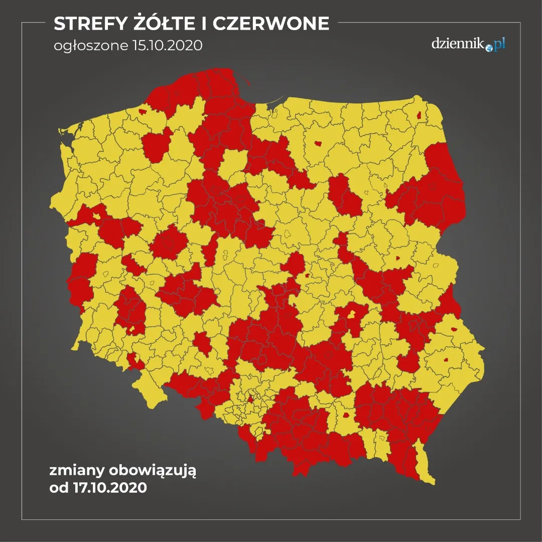 Prawie połowa Polski w strefie czerwonej. Znalazły się w niej 152 powiaty [MAPA]