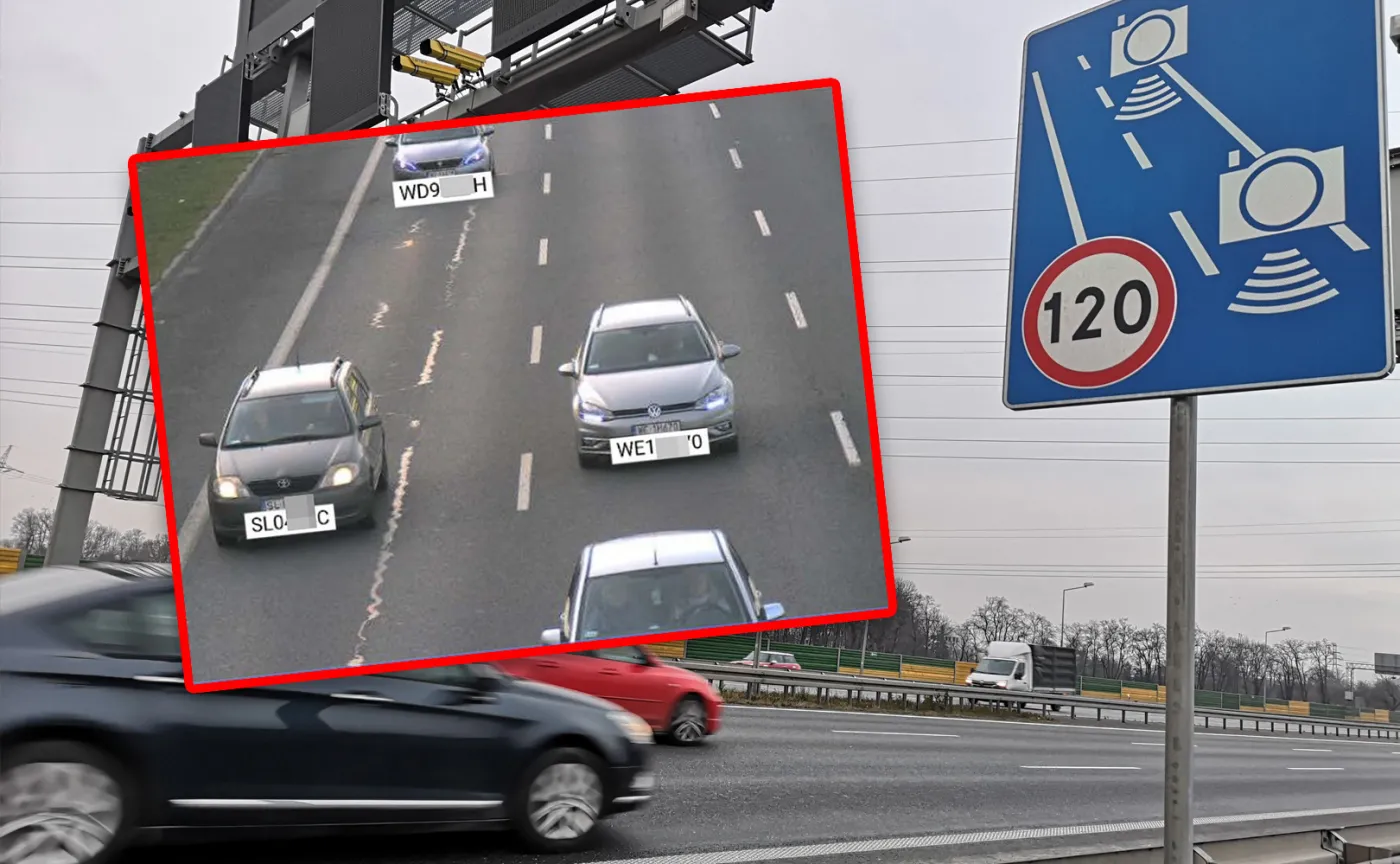 Odcinkowy pomiar prędkości przy drodze, podgląd z kamery monitorującej ruch z ramkami namierzającymi pojazdy oraz druk mandatu