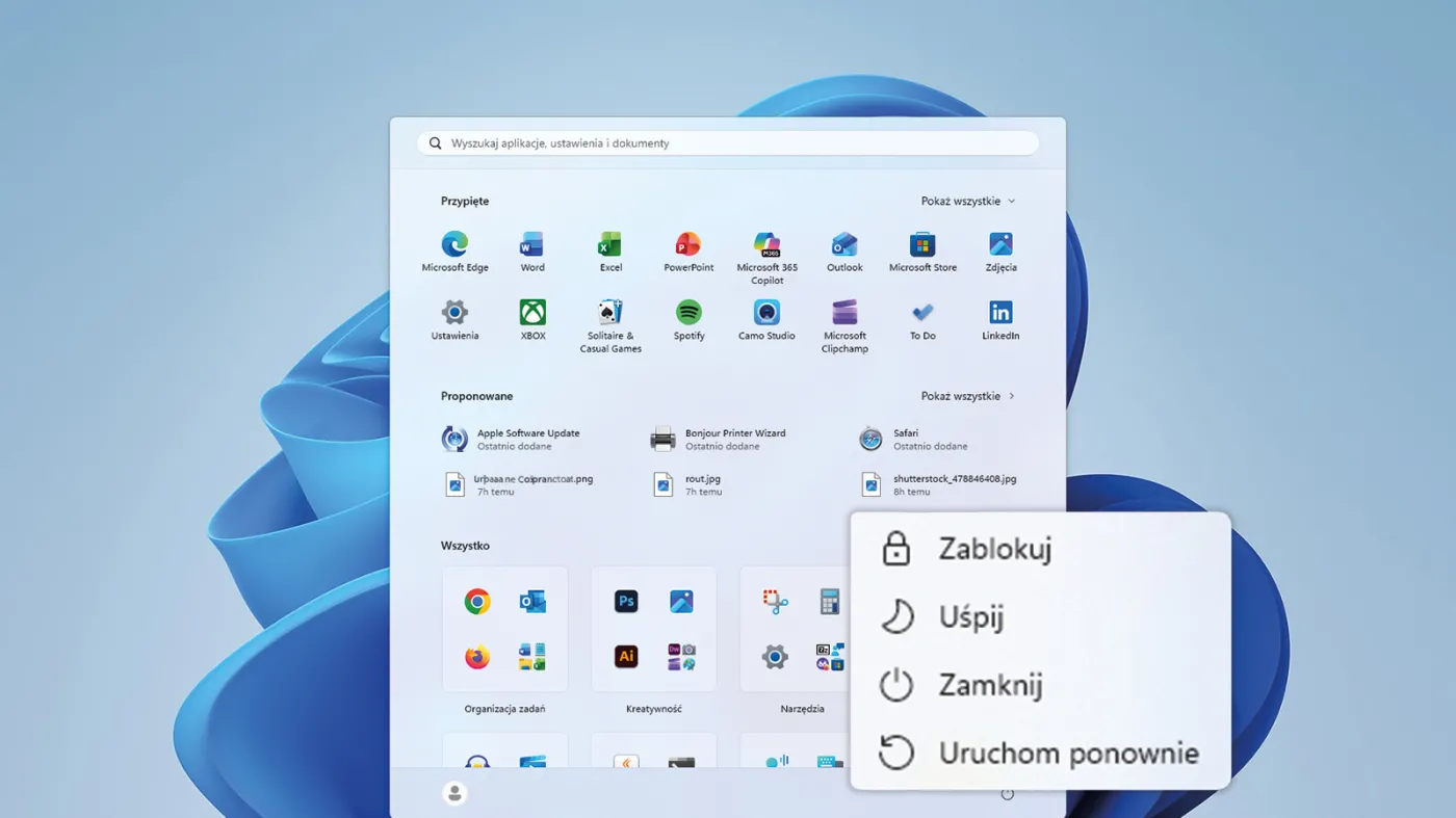 Menu zasilania Windows 11 z opcjami Zamknij i Uruchom ponownie