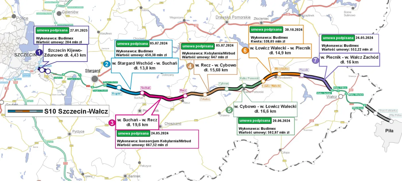Mapa odcinków S10 Szczecin-Wałcz