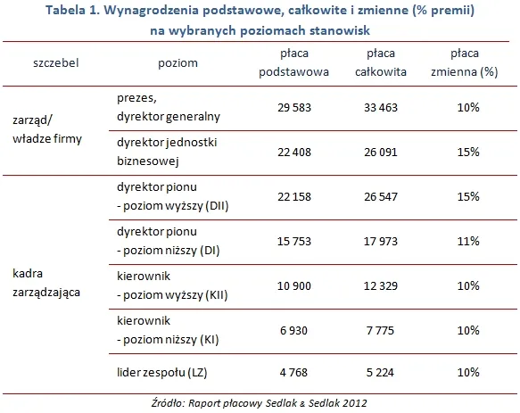 Wynagrodzenia podstawowe, całkowite i zmienne (% premii)  na wybranych poziomach stanowisk 