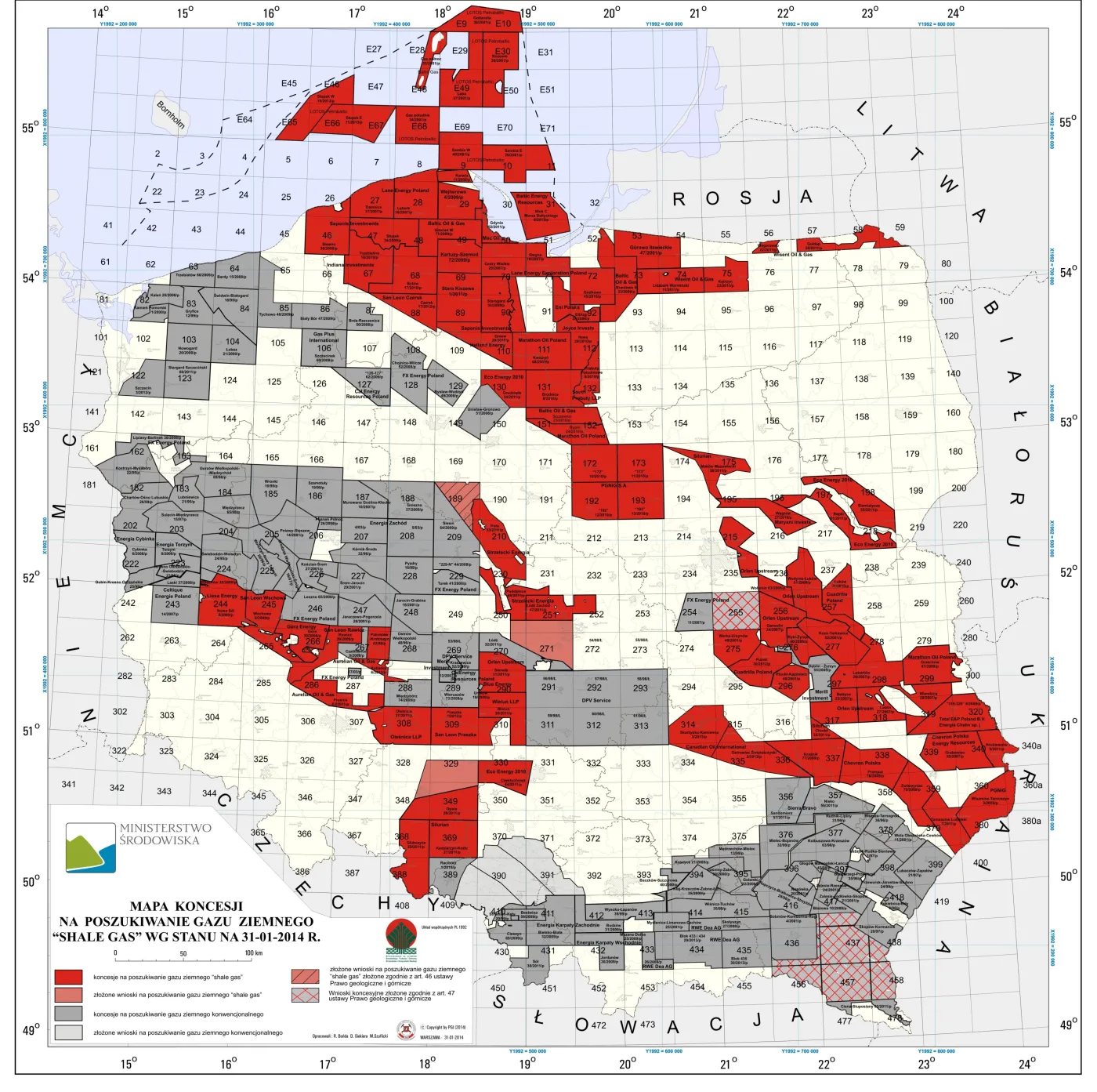 Mapa koncesji na poszukiwanie i rozpoznawanie gazu ziemnego "Shale gas" -  stan na dzień 01.02.2014 r., źródło: Ministerstwo Środowiska