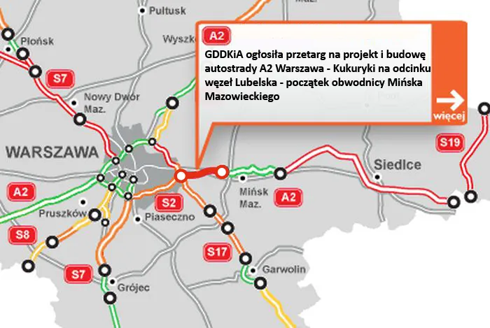 Rusza przetarg na kolejny odcinek A2 z Warszawy w kierunku Mińska Mazowieckiego [MAPA]