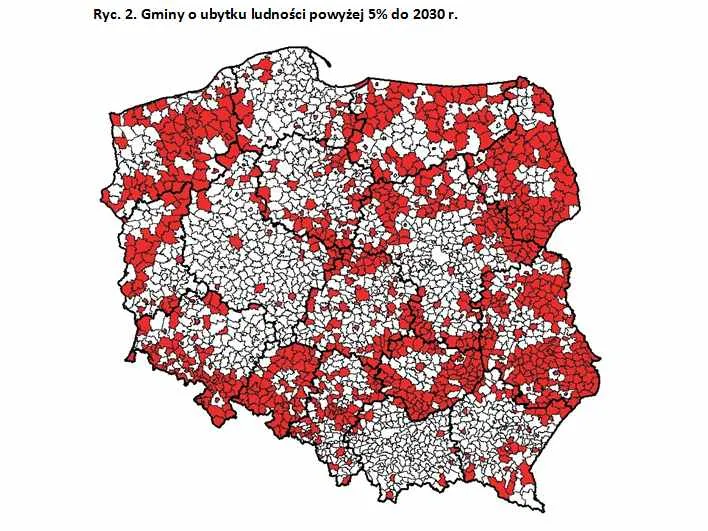 Gminy o ubytku ludności powyżej 5% do 2030 r., źródło GUS