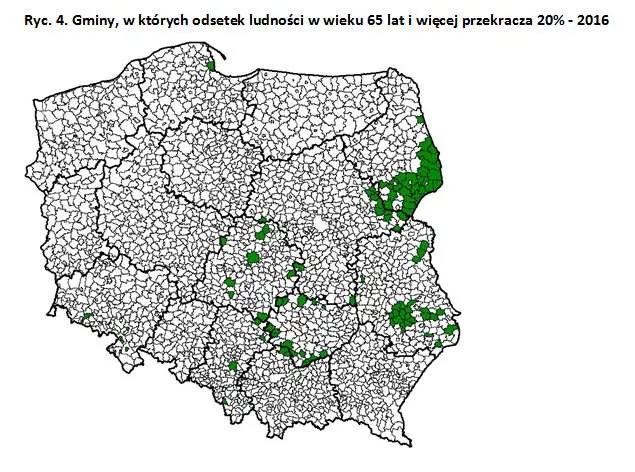 Gminy, w których odsetek ludności w wieku 65 lat i więcej przekracza 20% - 2016 rok