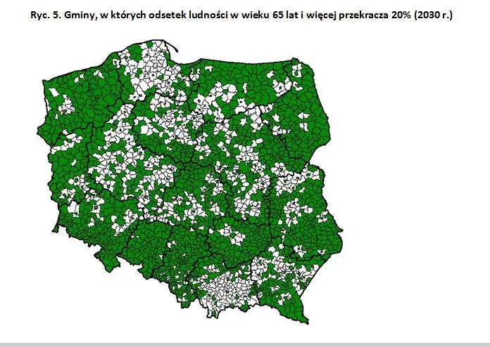 Gminy, w których odsetek ludności w wieku 65 lat i więcej przekracza 20% - 2030 rok