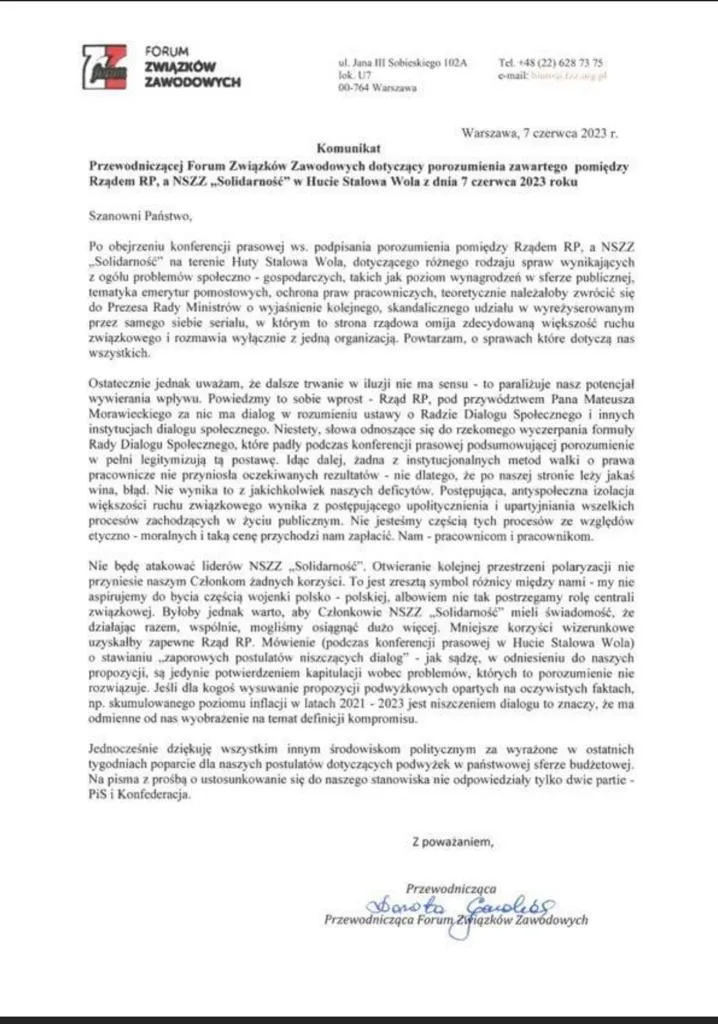 Komunikat Forum Związków Zawodowych