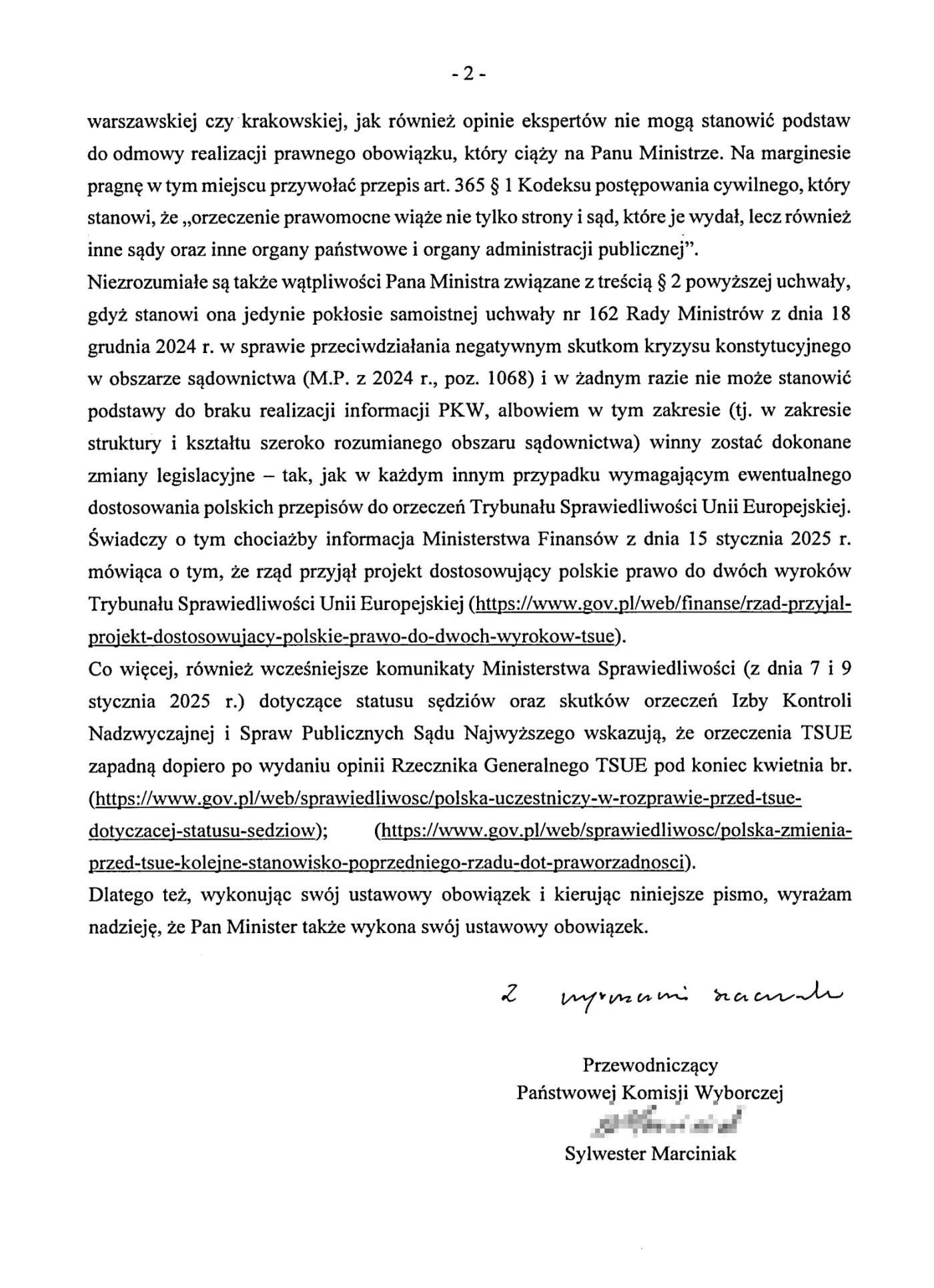 Pismo przewodniczącego PKW Sylwestra Marciniaka do ministra finansów Andrzeja Domańskiego (strona nr 2)